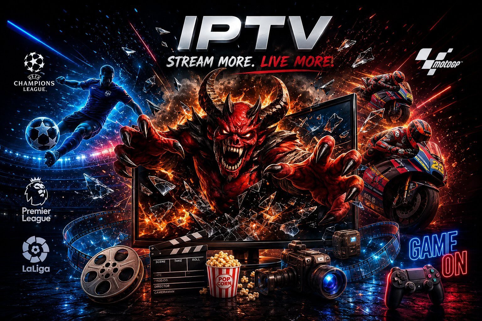 IPTV France Premium 2026/2027 — Stream more, live more. Sport (Champions League, Premier League, La Liga, MotoGP), cinéma, séries, gaming en 4K Ultra HD
